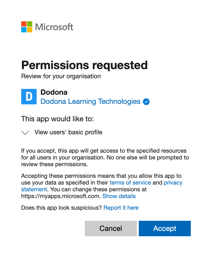 Screenshot of the Microsoft admin consent screen for the Dodona application, showing the verified publisher badge and the requested permission "View users' basic profile"