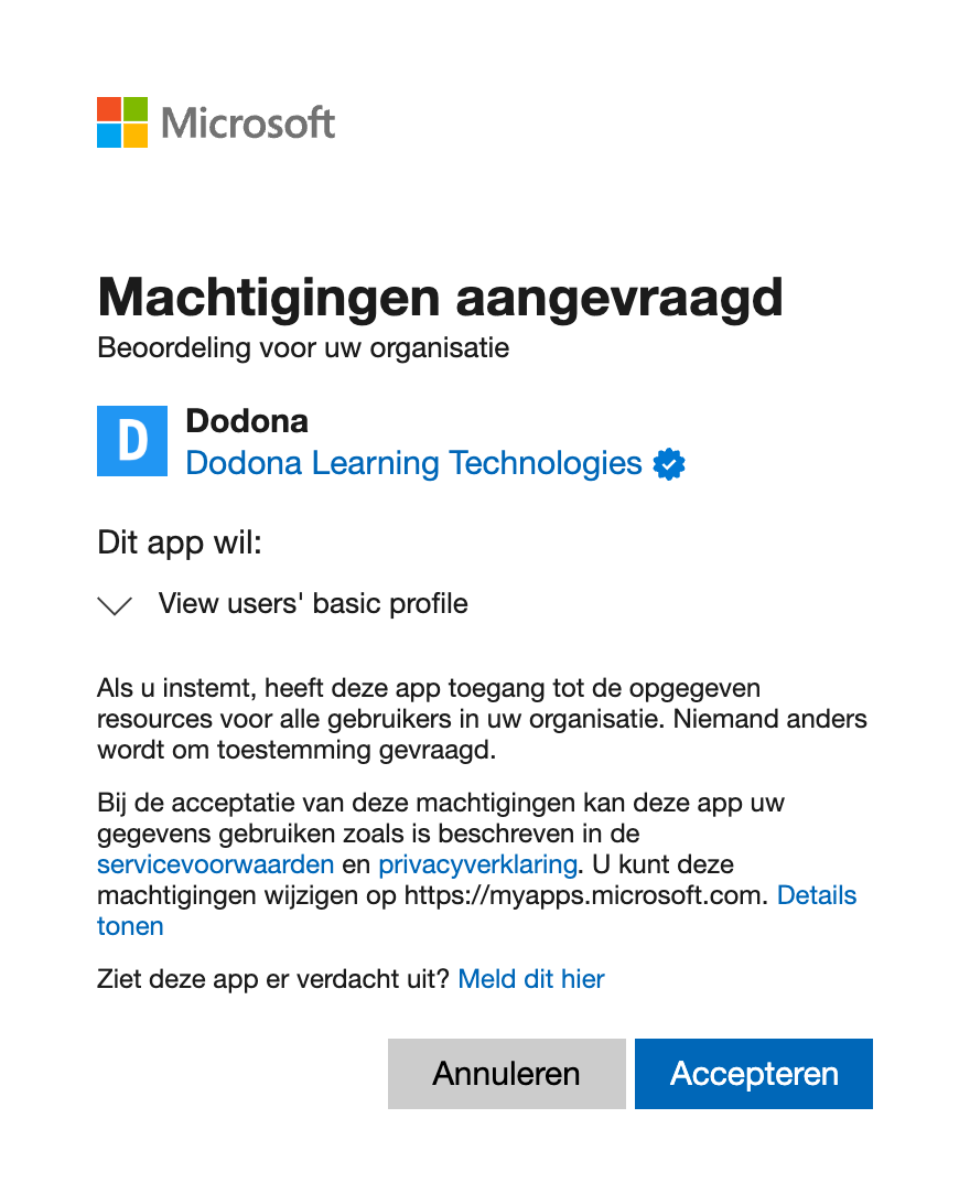 Screenshot van het Microsoft-beheerderstoestemmingsscherm voor de Dodona-applicatie, met het geverifieerde uitgeversbadge en de gevraagde machtiging "View users' basic profile"