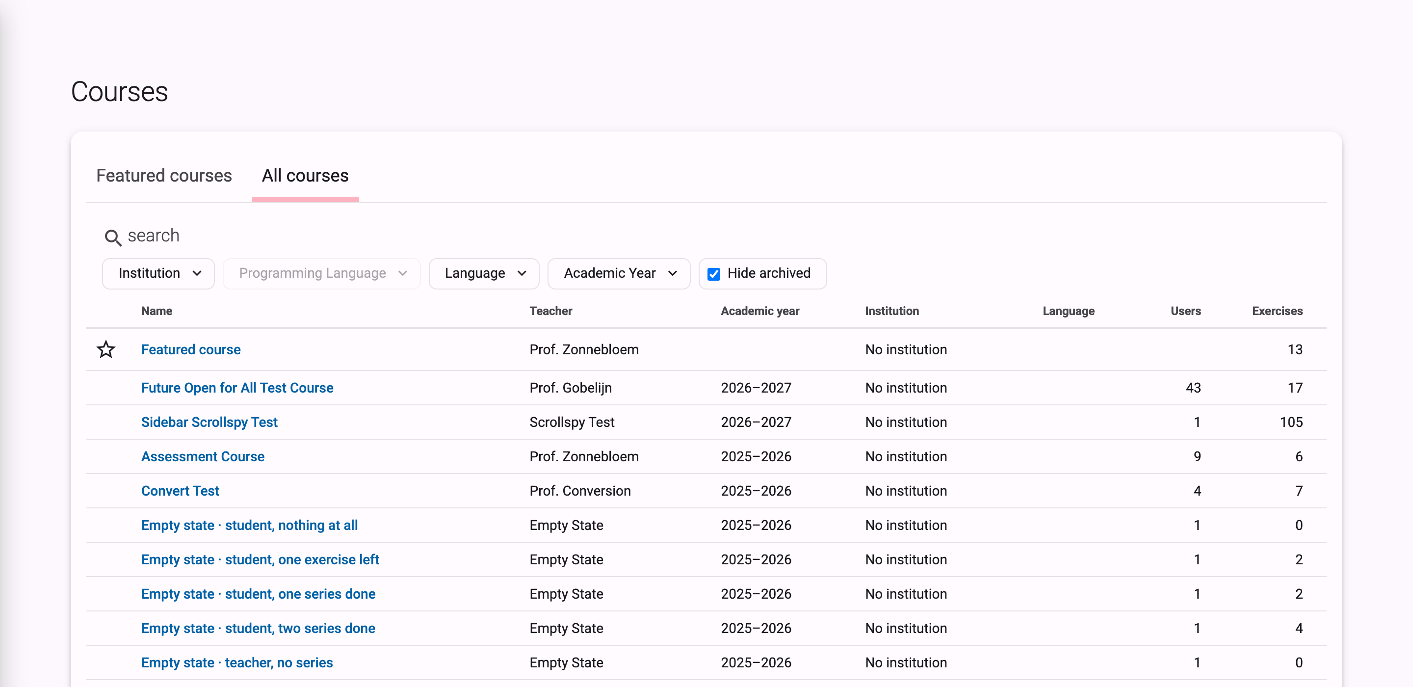 All courses overview with tabs, search field, and a table of courses