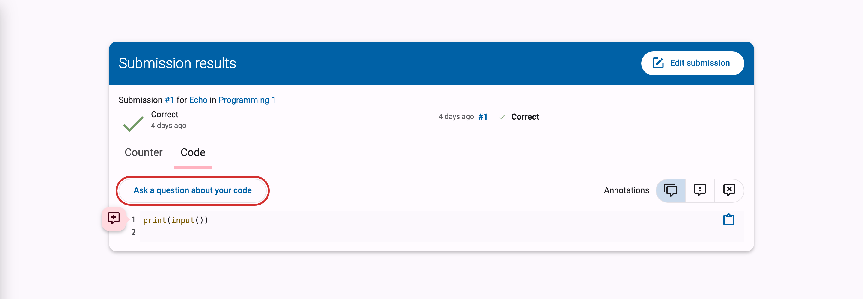 Code tab with the "Ask a question about your code" button and a pink per-line bubble