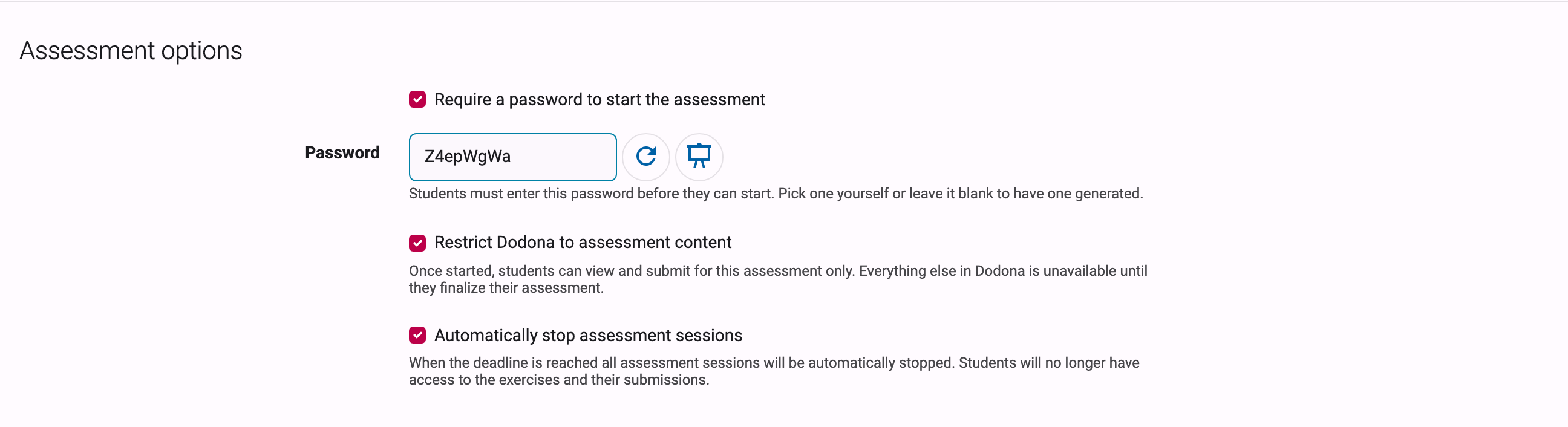 Assessment options section of the series form, with a generated password, and the restrict-Dodona and auto-stop checkboxes checked