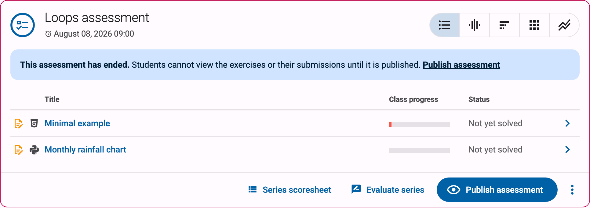 Series card after the assessment has ended, with the "This assessment has ended" banner and the Publish assessment button