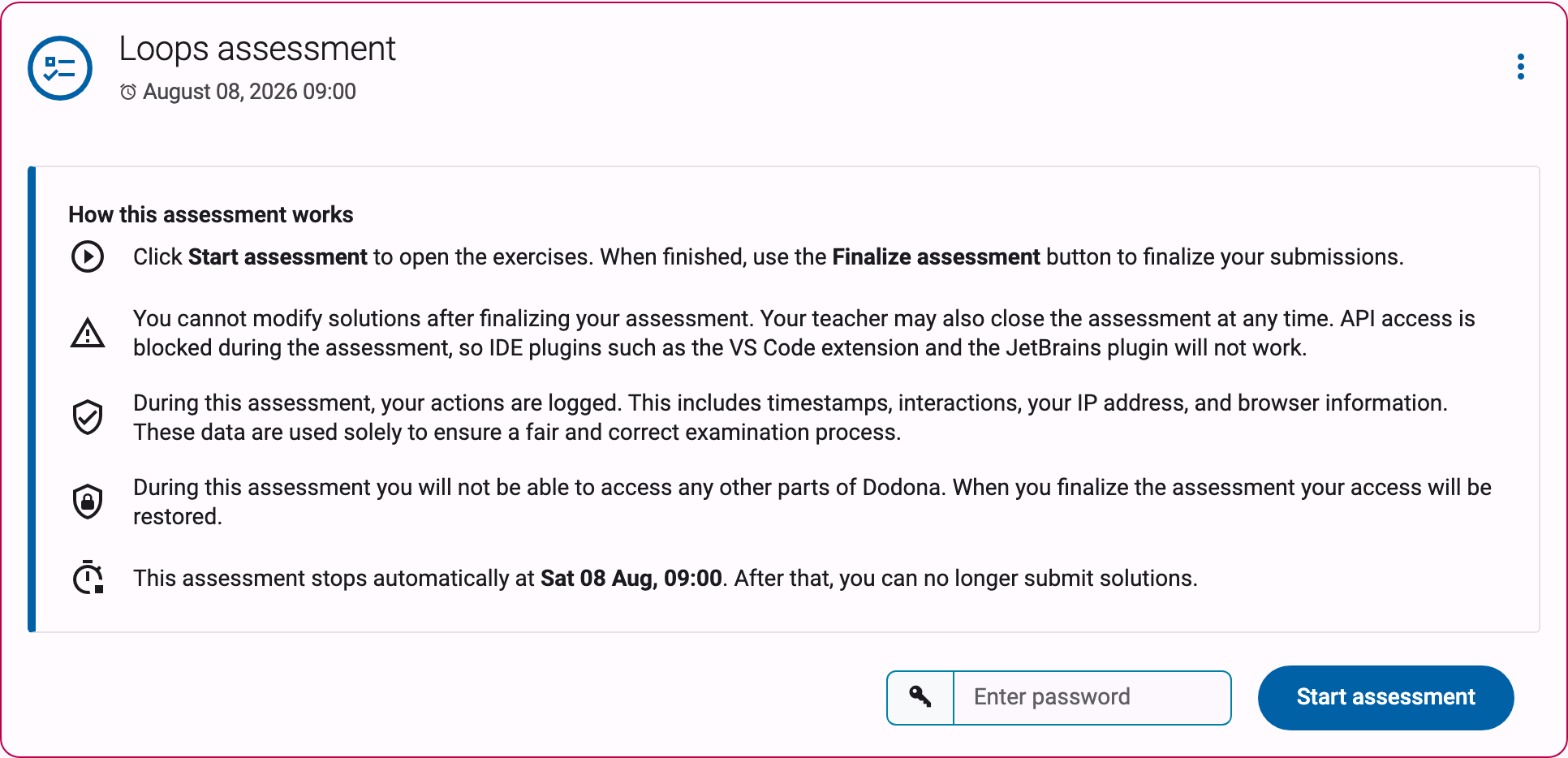 Series card before the assessment has started, showing the "How this assessment works" explanation, a password field, and the Start assessment button, with no exercise list