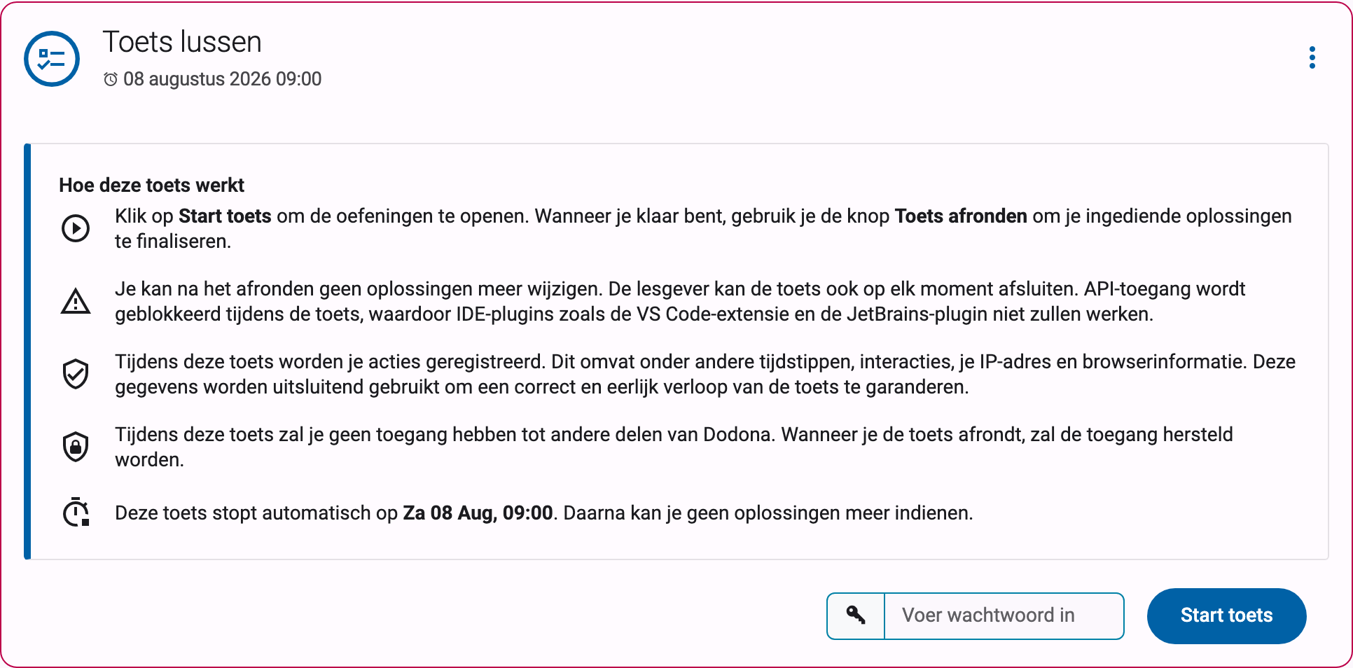 Reekskaart voor de toets gestart is, met de uitleg "Hoe deze toets werkt", een wachtwoordveld en de knop Start toets, zonder oefeningenlijst