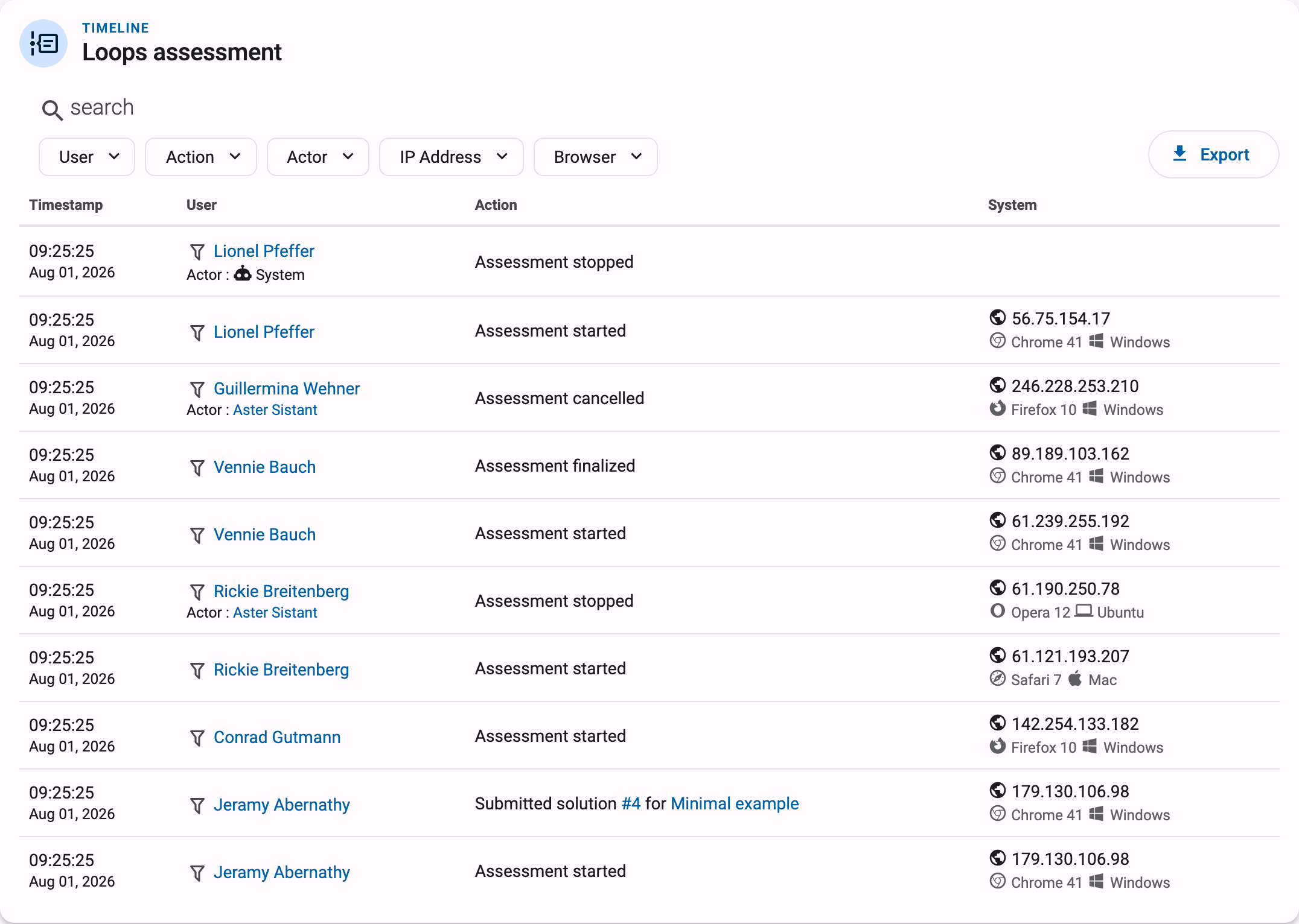 Assessment timeline with User/Action/Actor/IP address/Browser filters, the Export button, and a mix of event rows including a System-actor row