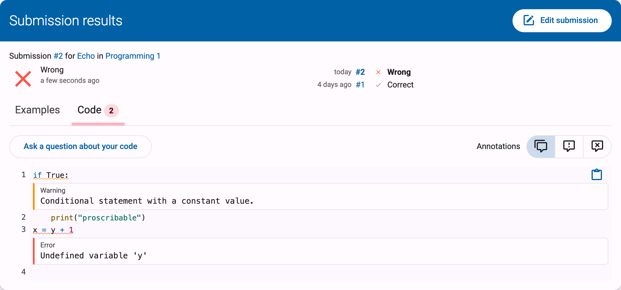 Code tab with a Warning and an Error annotation inline