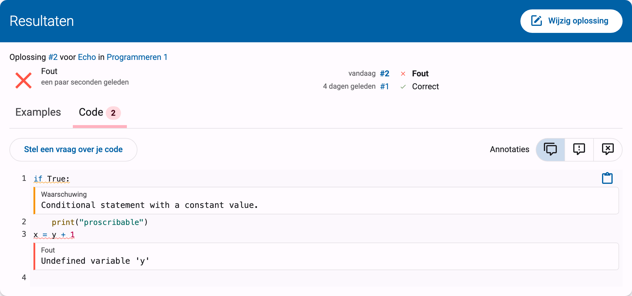 Code tabblad met een Waarschuwing- en een Fout-annotatie inline