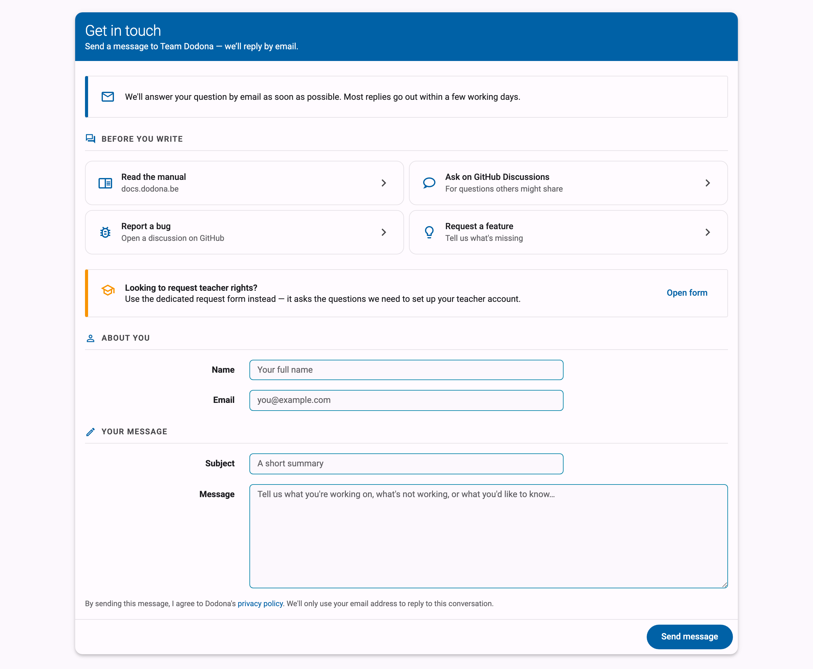 Get in touch contact form with Name, Email, Subject, and Message fields