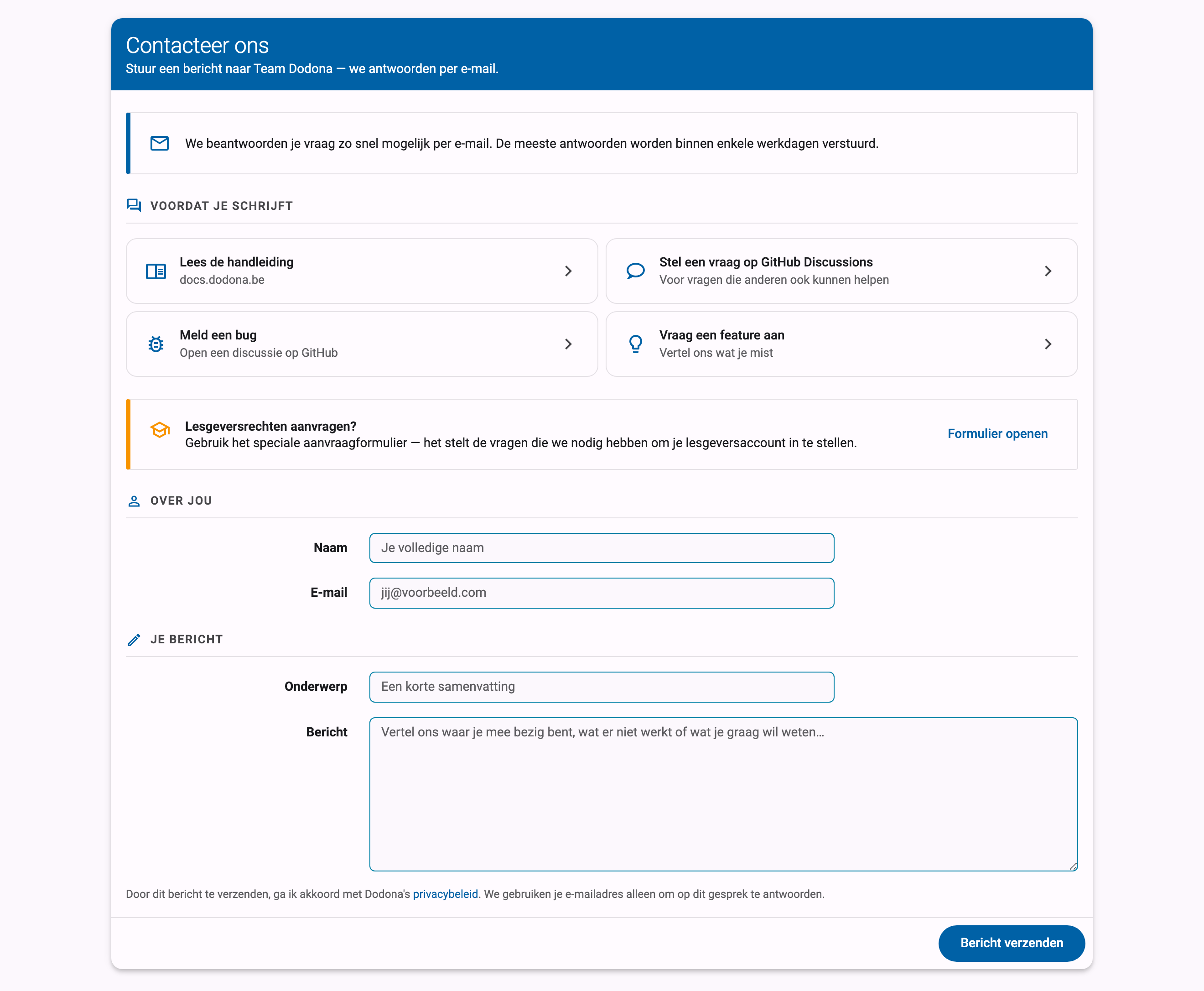 Contactformulier Contacteer ons met de velden Naam, E-mail, Onderwerp en Bericht