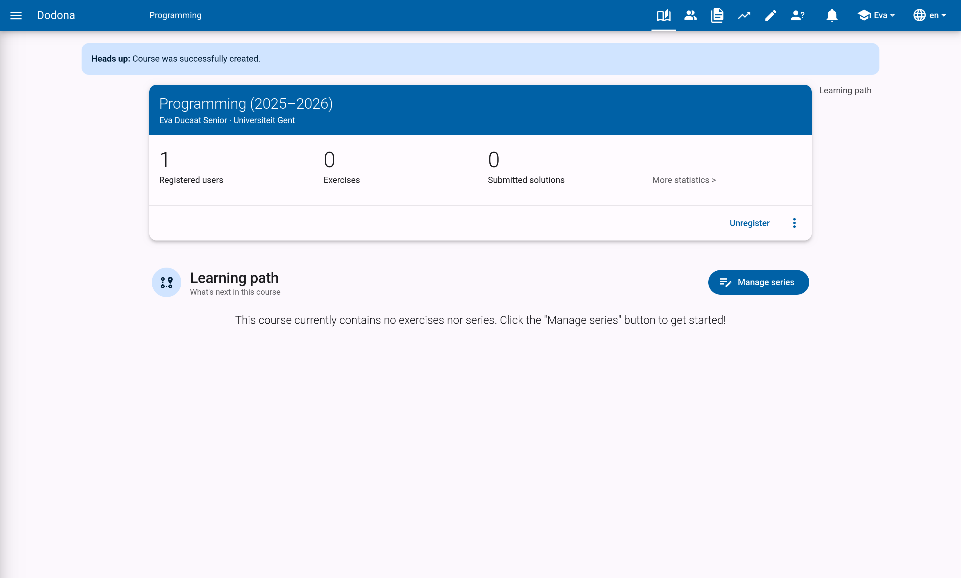 Course page right after creation, with the current user registered as course administrator