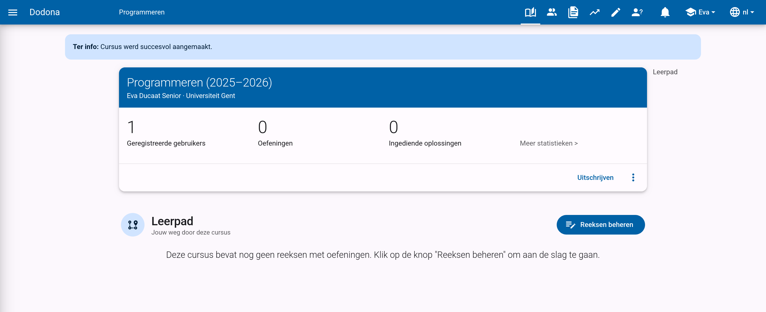 Cursuspagina net na het aanmaken, met de huidige gebruiker geregistreerd als cursusbeheerder
