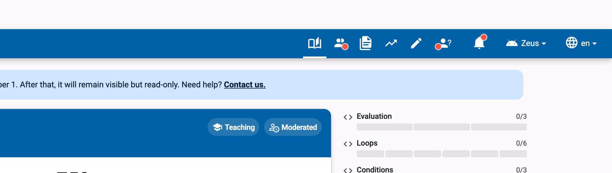 Course navigation bar with the pencil edit icon, above the course header card