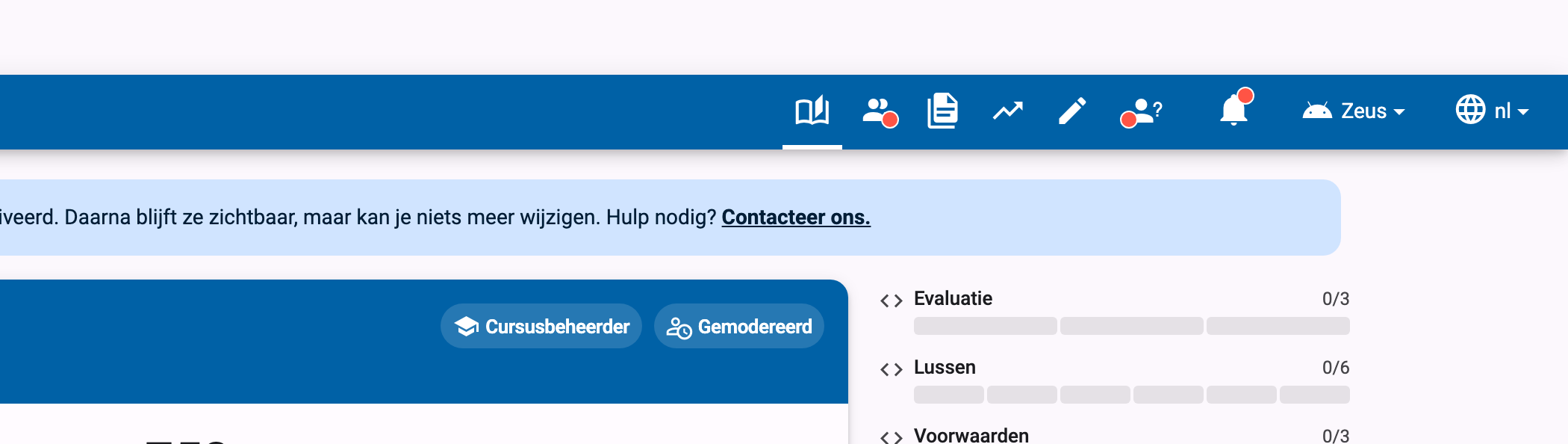Cursusnavigatiebalk met het bewerken-icoontje (potlood), boven de cursuskaart