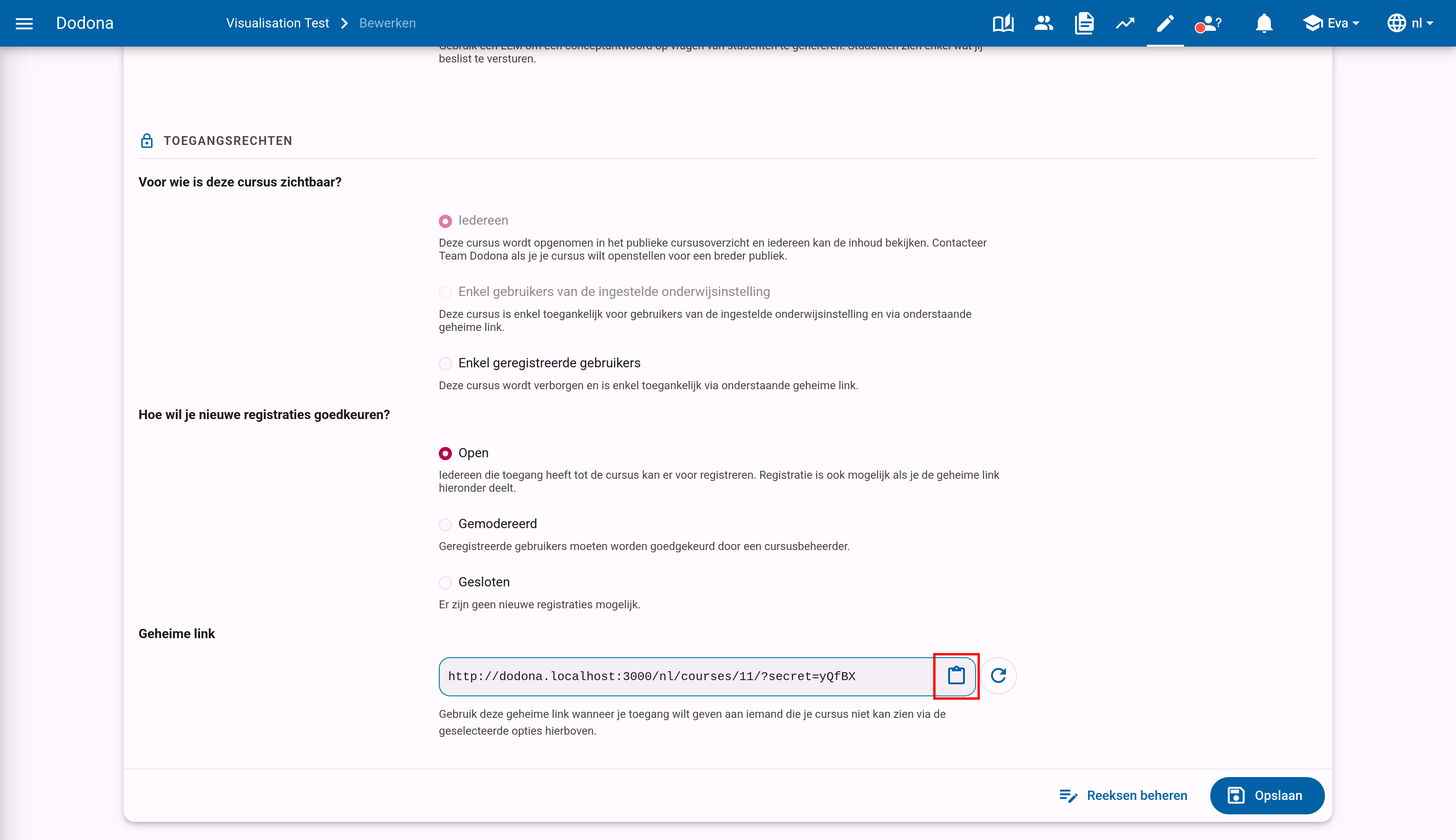 Veld met de geheime link op de cursus-bewerkpagina