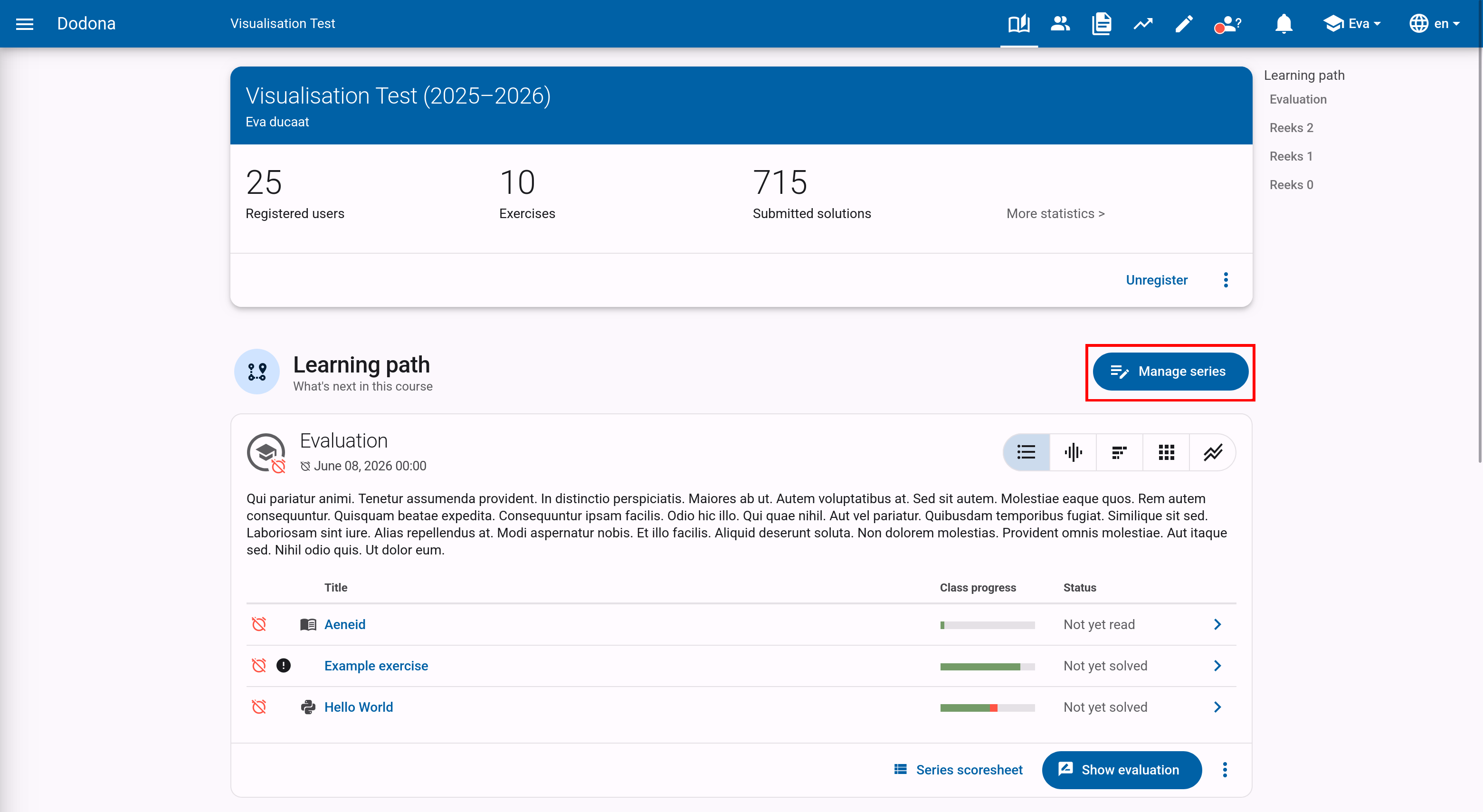 Course page with the Manage series button in the eyebrow header of the Learning path card