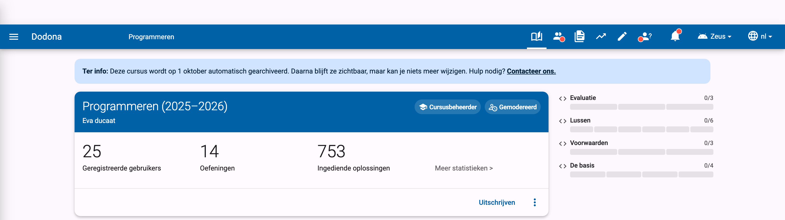 Navigatiebalk van de cursus met het gebruikersicoontje, boven de cursuskaart met de statistiek "Geregistreerde gebruikers"