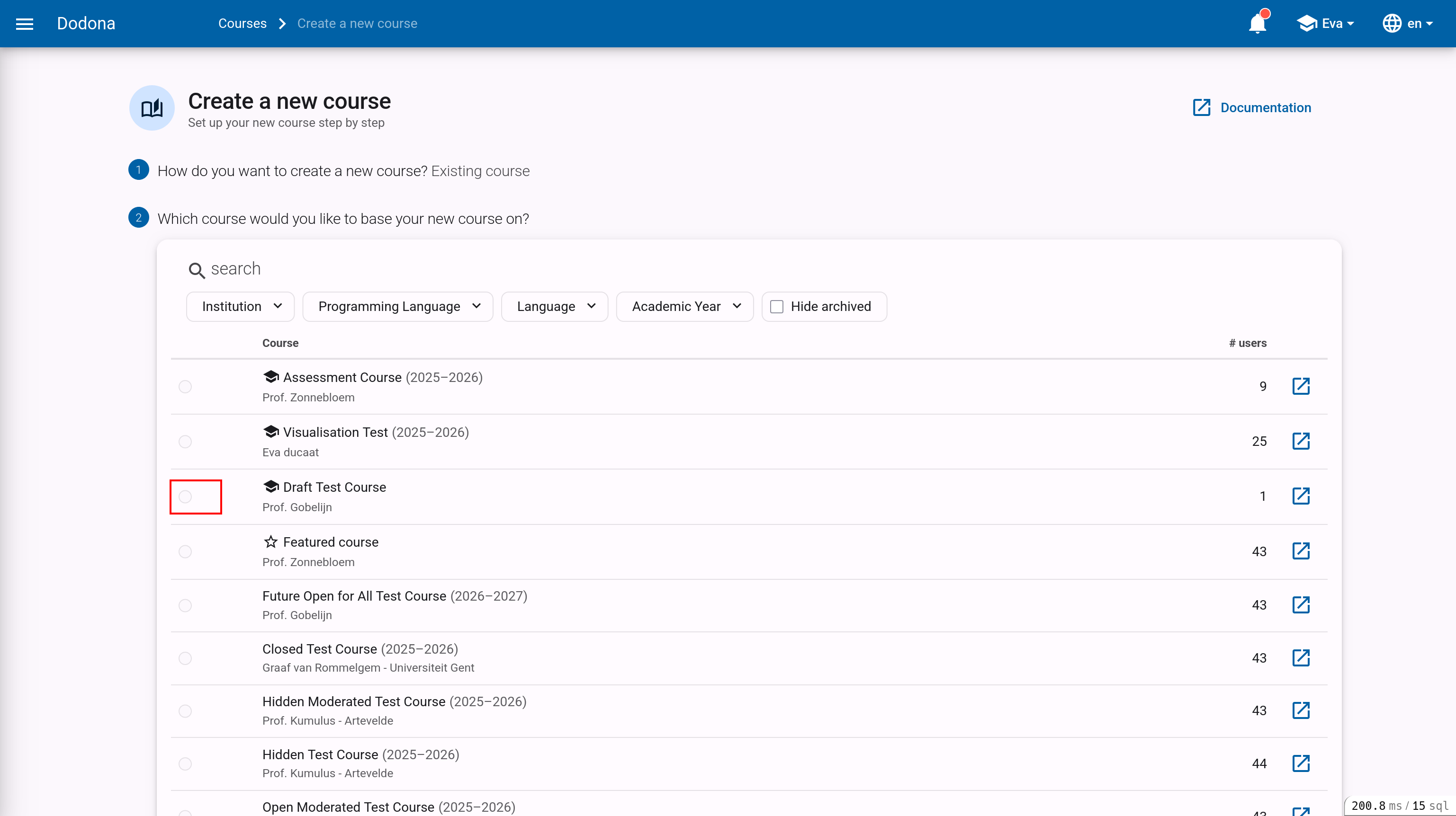 List of visible courses to copy from, with a search bar and a link button per row