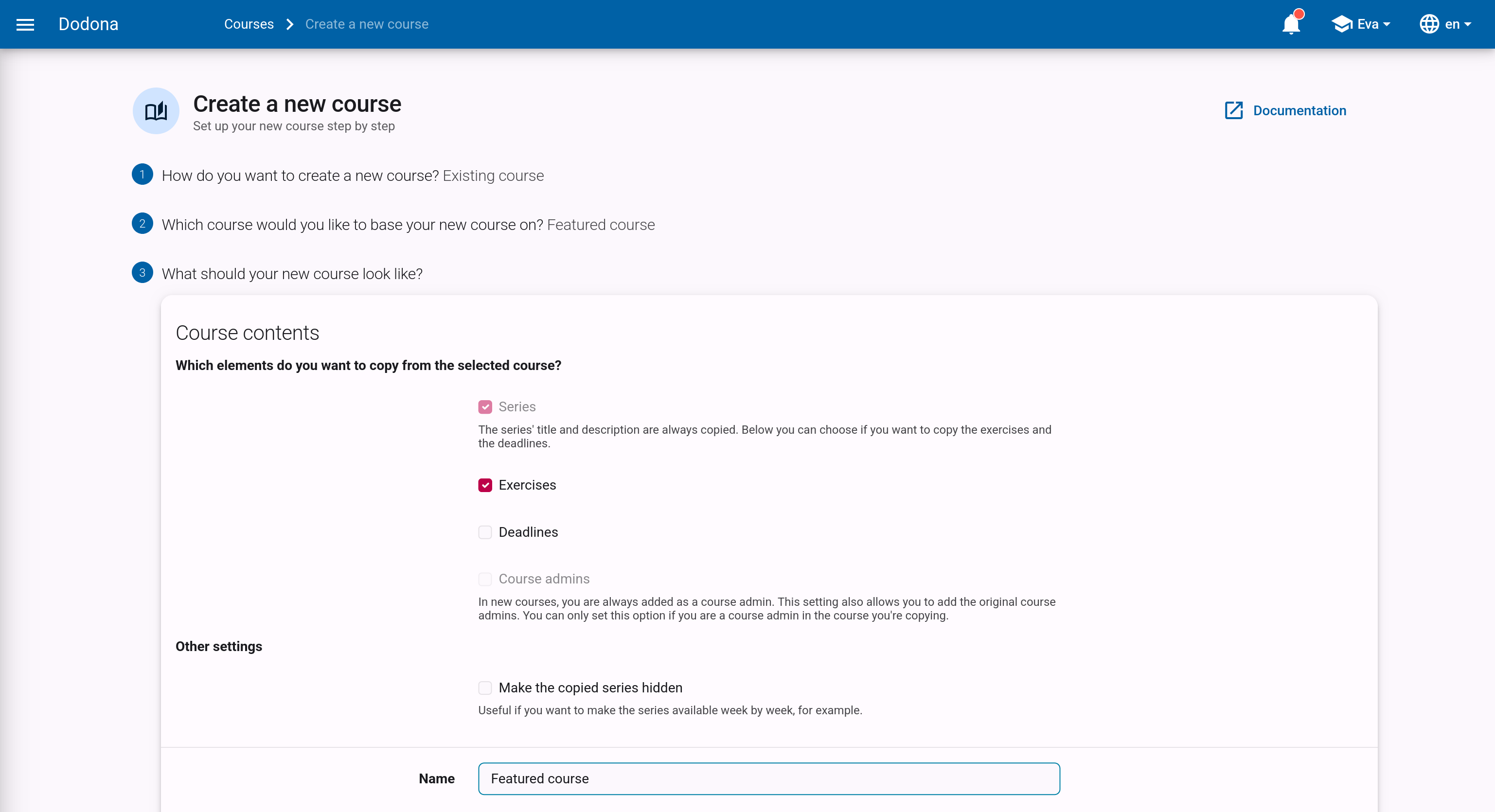 Options for which elements to copy from the chosen course: exercises, deadlines, administrators, and default series visibility