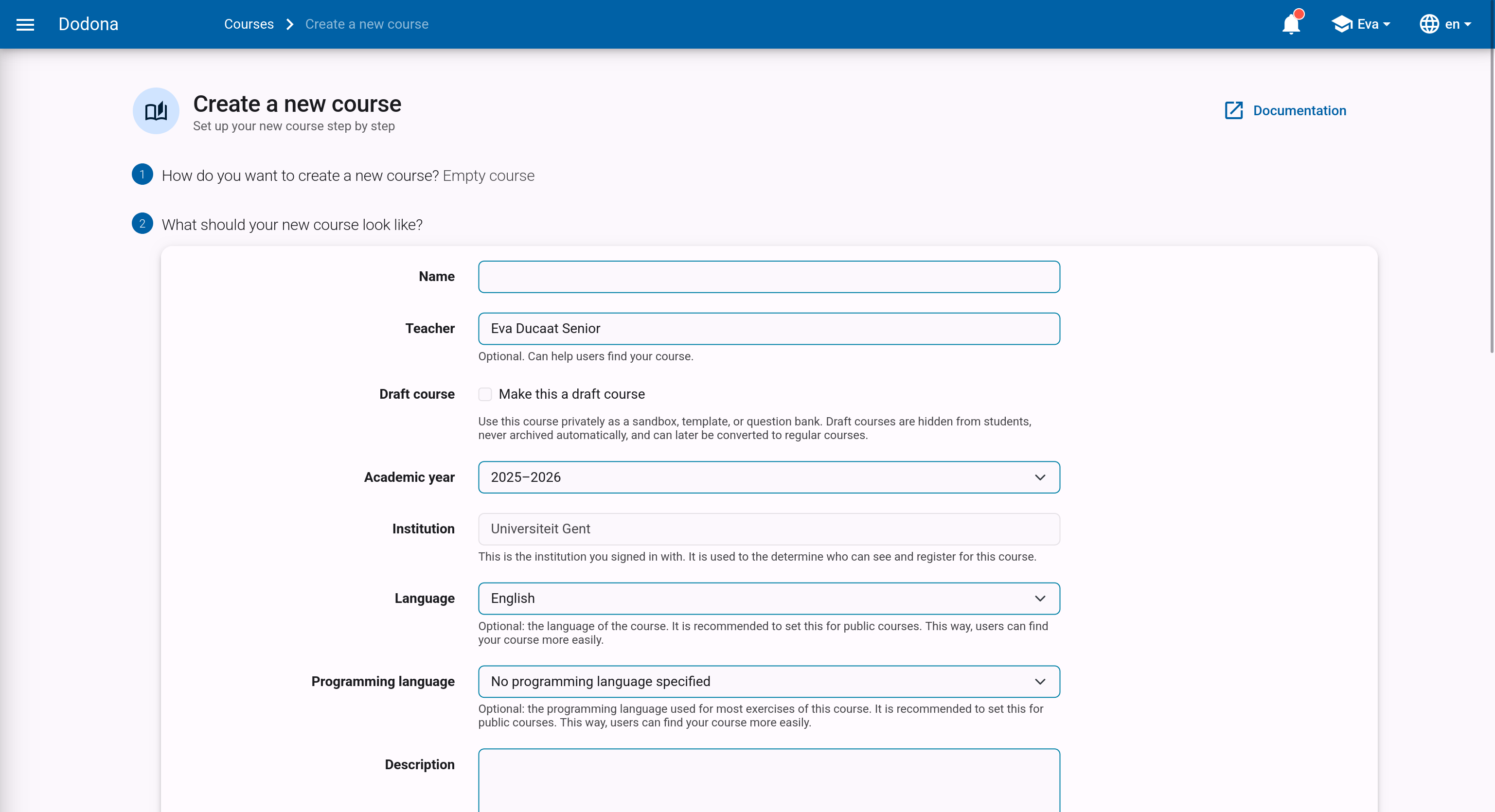 New course form with the Name, Teacher, Draft course, Academic year, Language and other properties