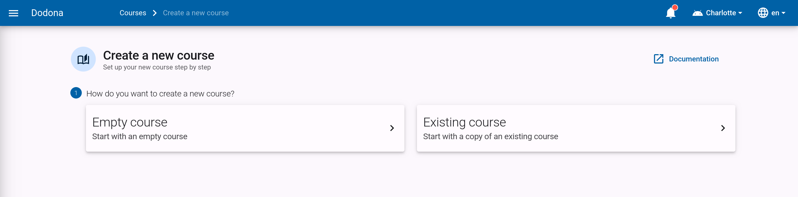 New course menu with the Copy existing course and empty course buttons