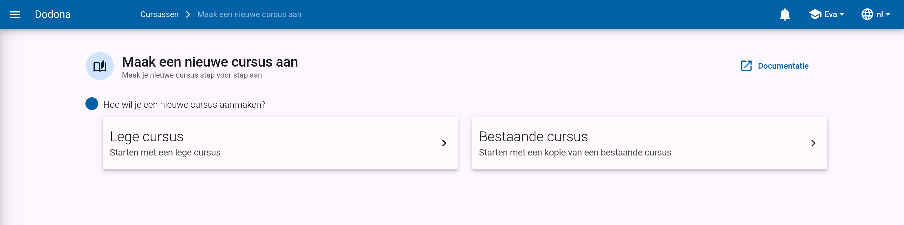 Menu voor een nieuwe cursus met de knoppen Bestaande cursus kopiëren en lege cursus