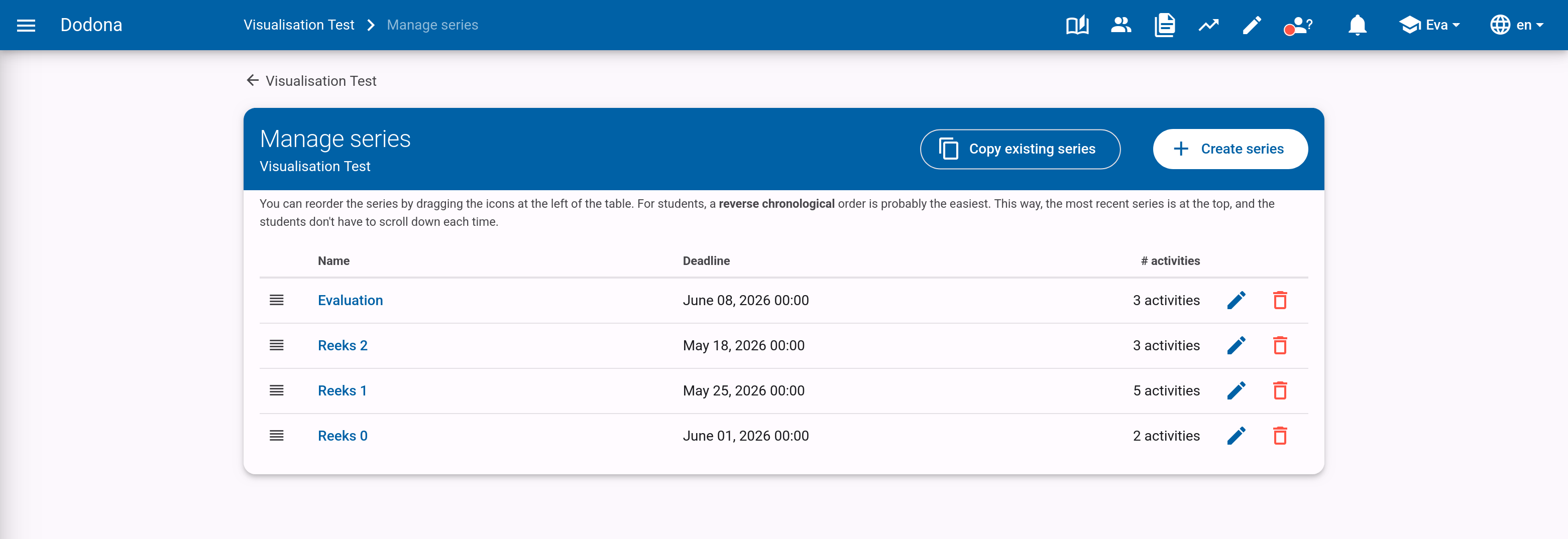 Manage series page with the Copy existing series and Create series buttons in the top right corner