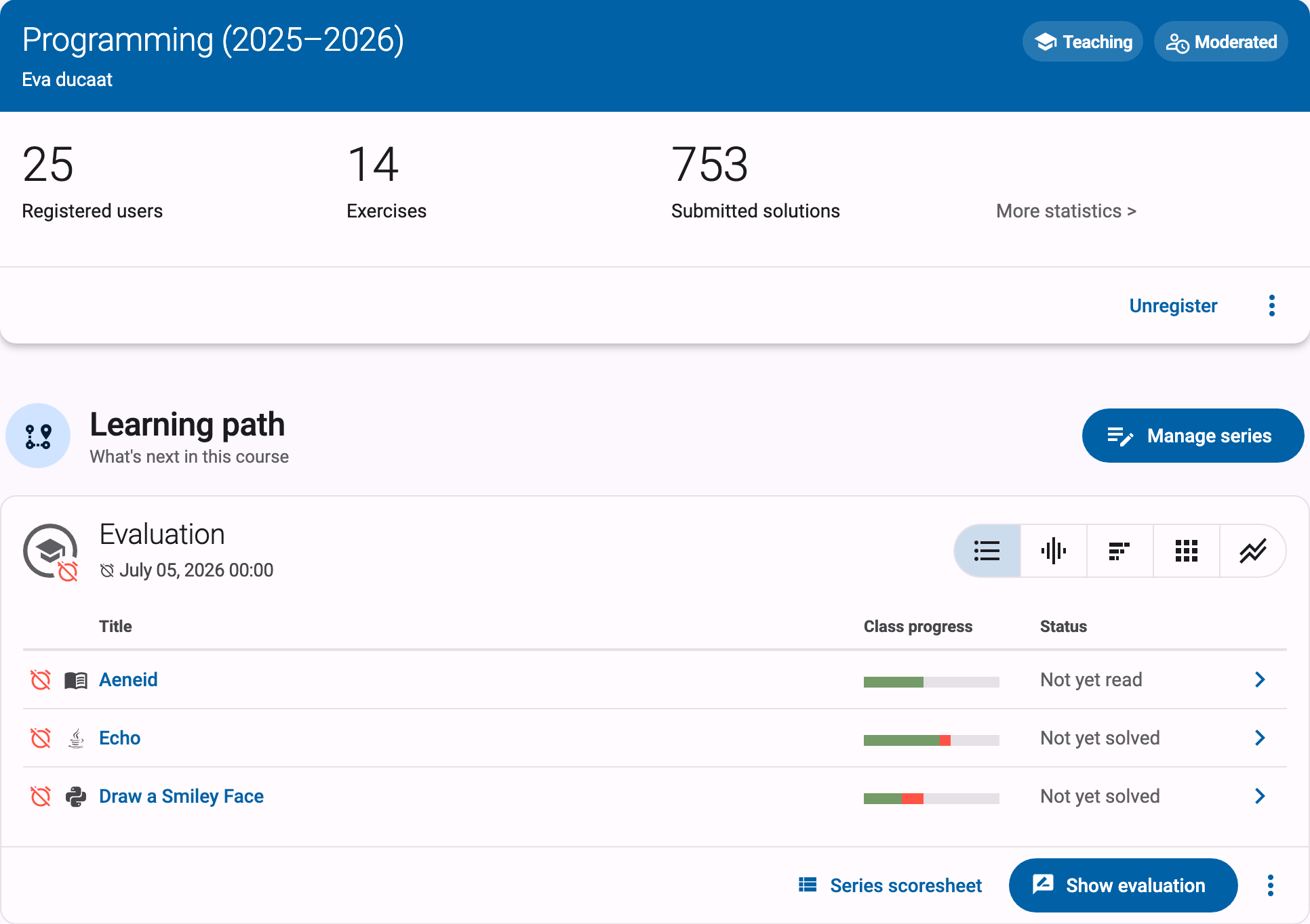 Course page header card and Learning path heading with the Manage series button and the first series card