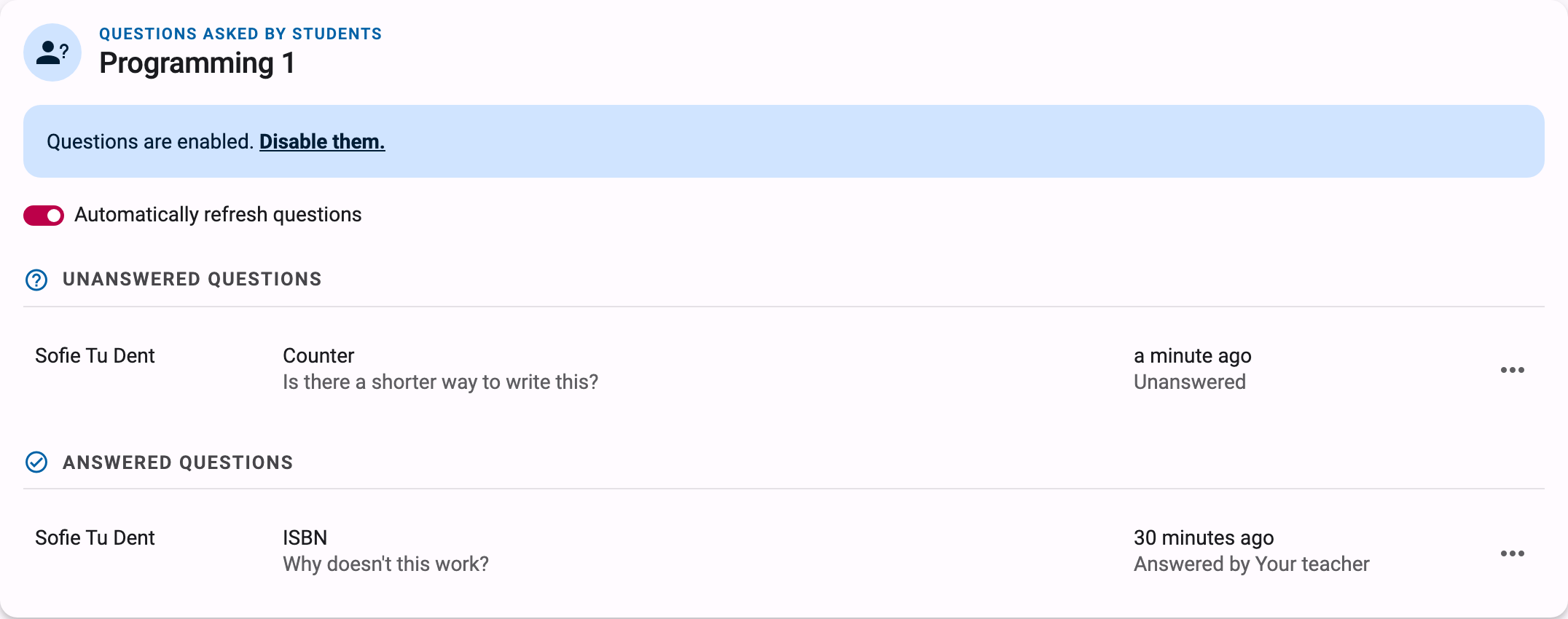 Course question list
