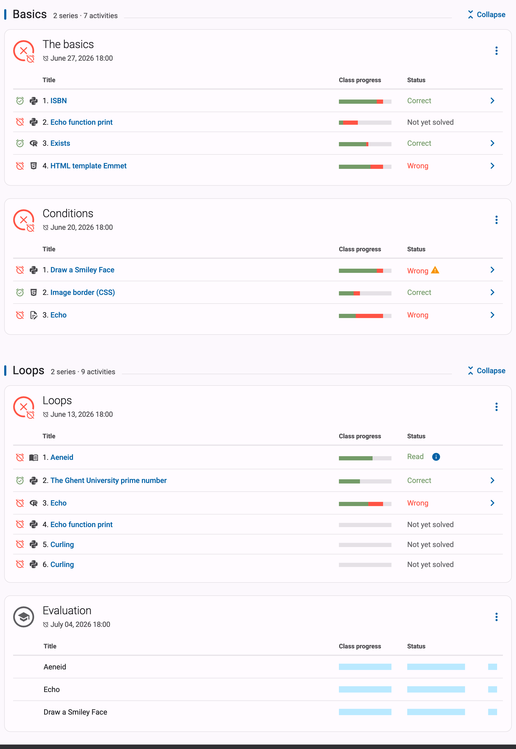 Course page with two sections, each shown as a header with series and activity counts above its series cards