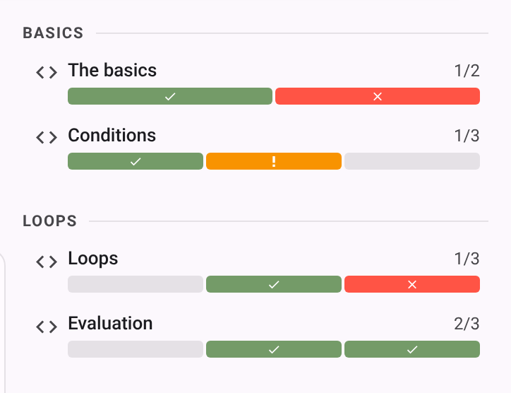 Course sidebar with series grouped under section headers, each series showing a progress bar