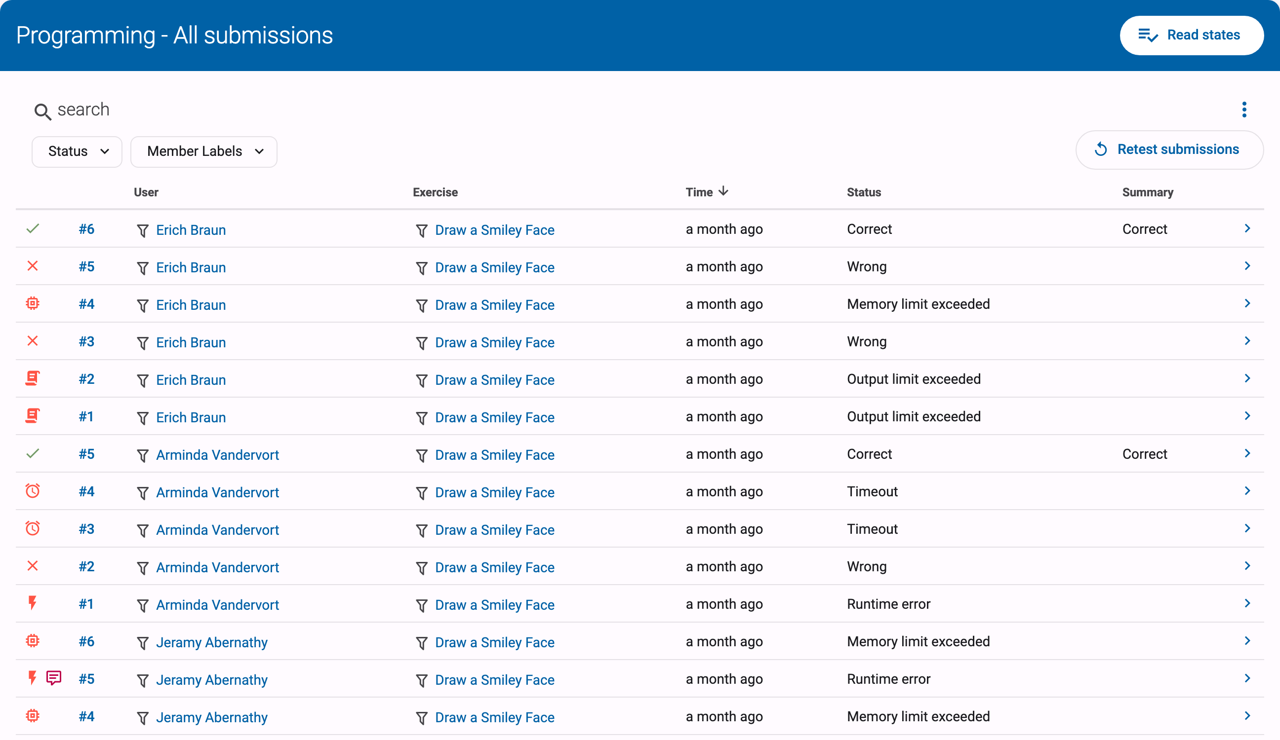 Submissions overview with search bar, Status and Member Labels filters, and filter funnel icons next to the user and exercise names