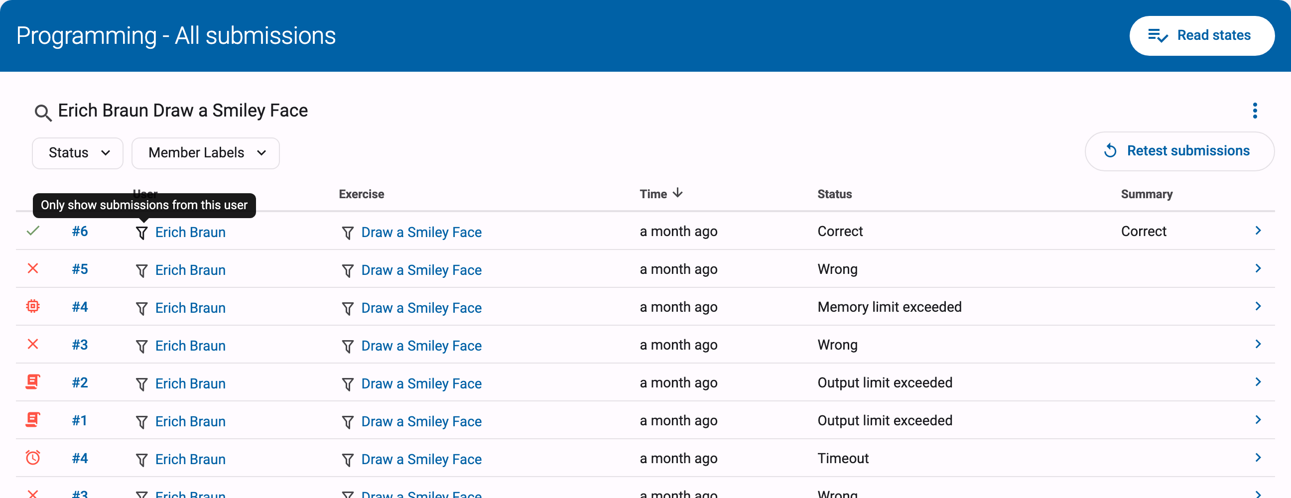 Submissions overview filtered to a single student and exercise