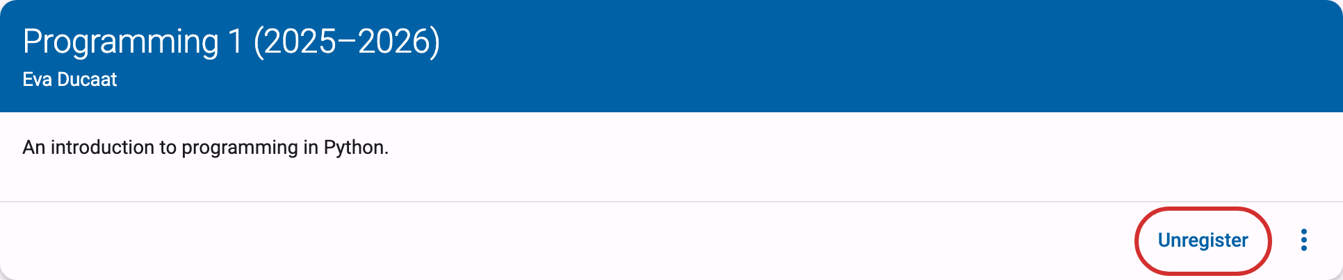 Unregister button, highlighted, below the course description