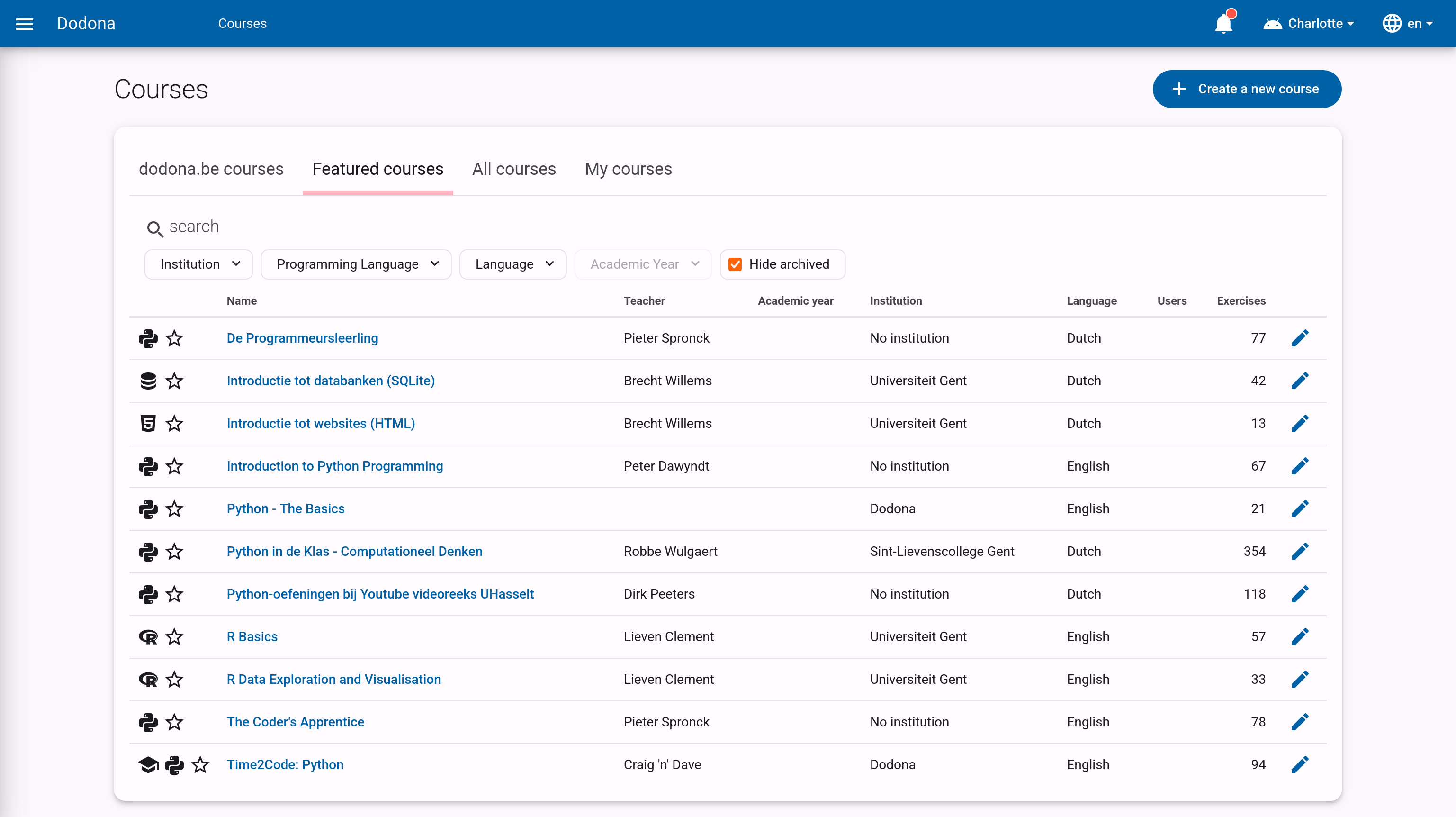 Course overview page with the Create a new course button in the top right corner