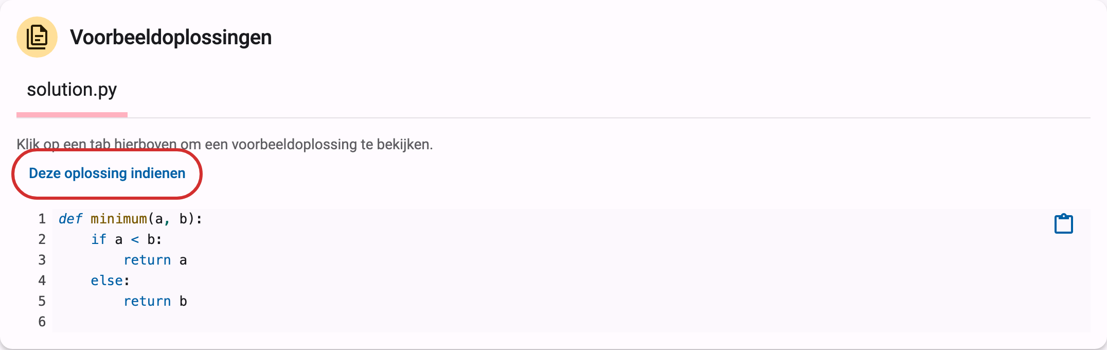 Kaart Voorbeeldoplossingen op de informatiepagina van de oefening met de knop Deze oplossing indienen gemarkeerd