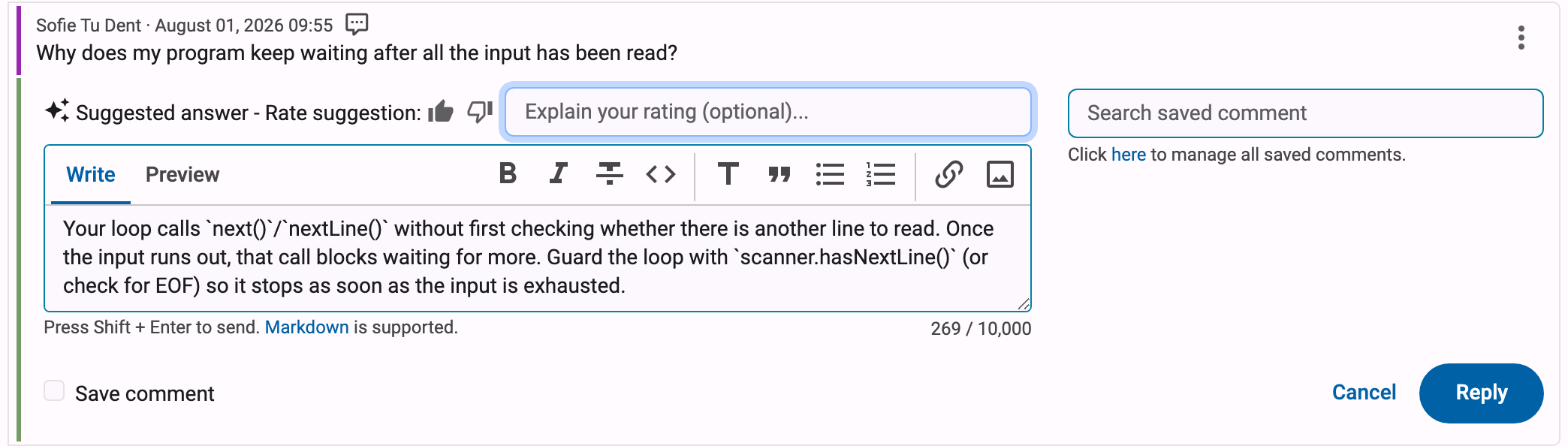 Suggested answer rated with thumbs up, showing the optional "Explain your rating" comment field