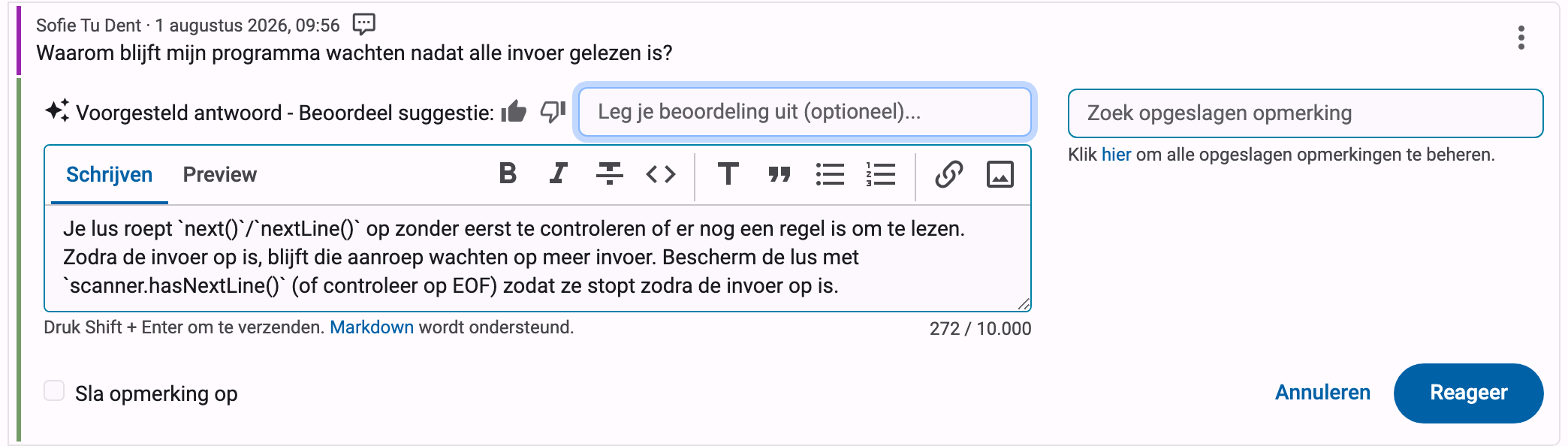 Voorgesteld antwoord beoordeeld met duim omhoog, met het optionele tekstveld "Leg je beoordeling uit"