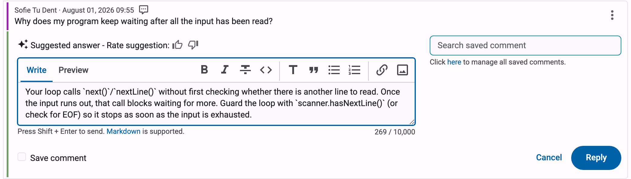 Reply form prefilled with the AI-suggested draft answer, with a sparkle icon and rating buttons above the text box