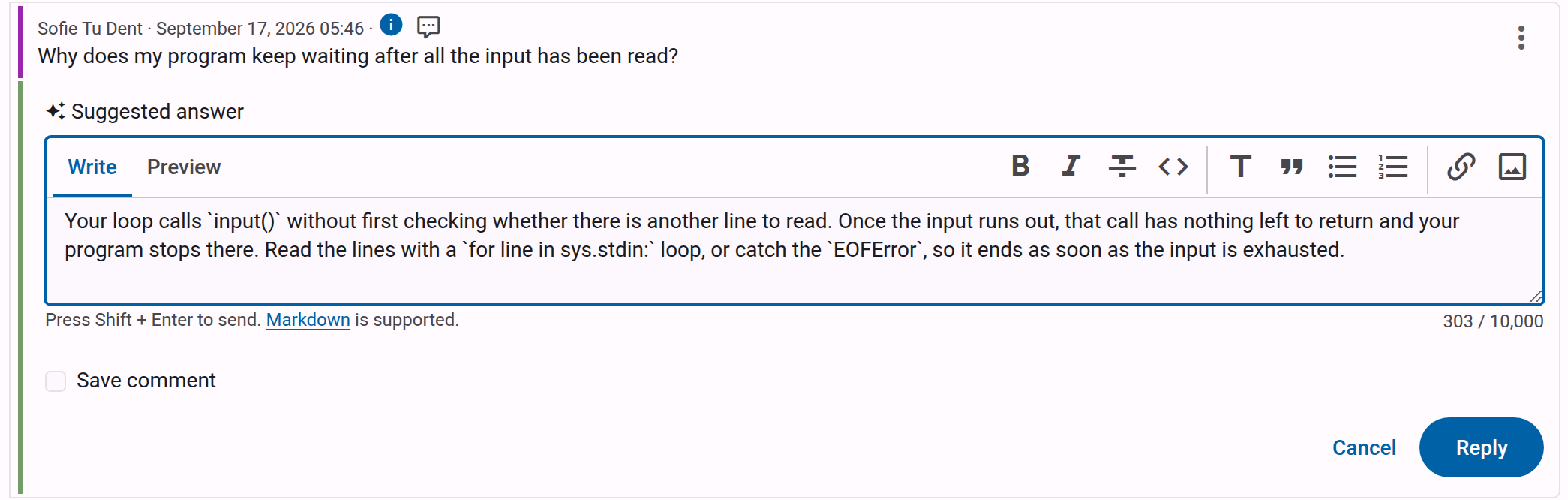 Reply form prefilled with the AI-suggested draft answer, with a sparkle icon and the label Suggested answer above the text box
