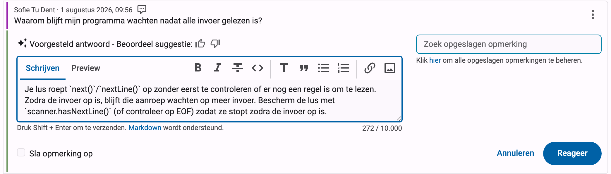 Antwoordveld vooraf ingevuld met het AI-voorgestelde conceptantwoord, met een sterretjesicoon en beoordelingsknoppen boven het tekstvak