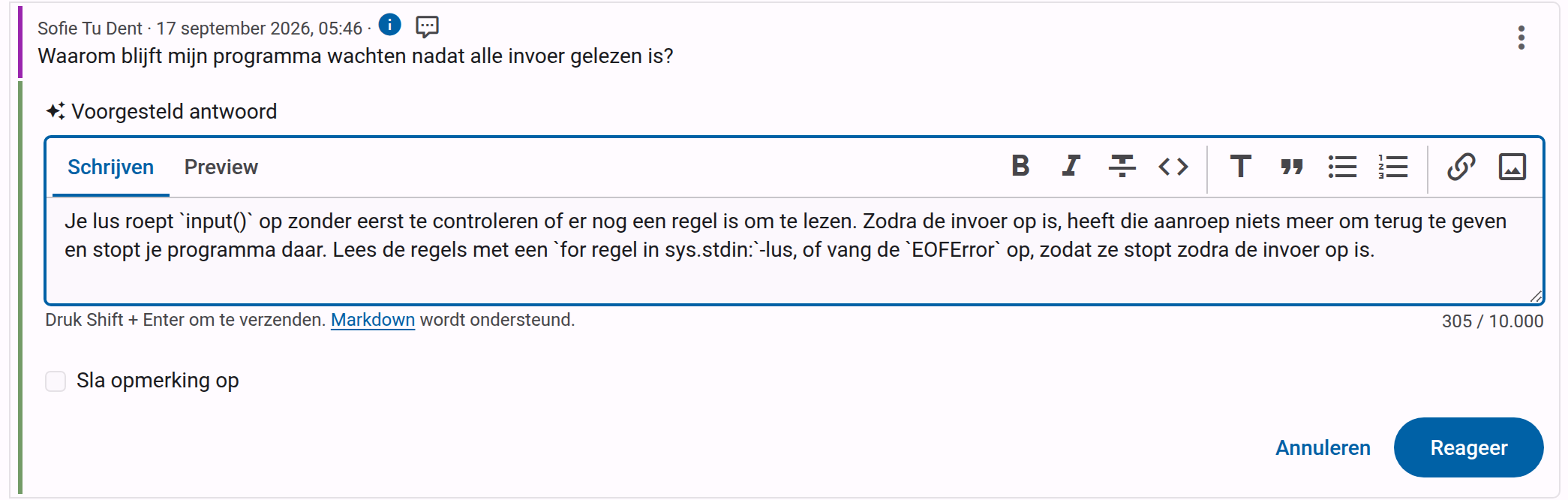 Antwoordveld vooraf ingevuld met het AI-voorgestelde conceptantwoord, met een sterretjesicoon en het label Voorgesteld antwoord boven het tekstvak