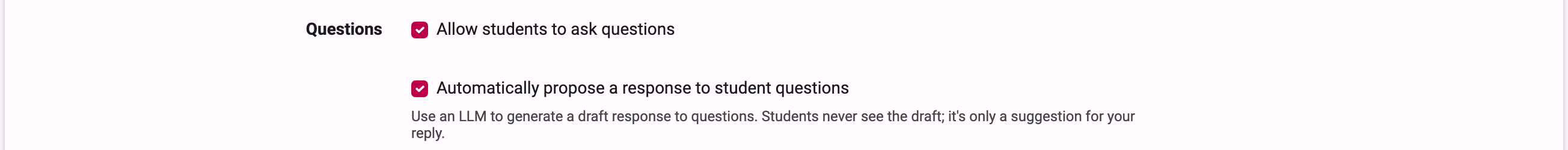 Questions section of the course edit form with the "Allow students to ask questions" and "Automatically propose a response to student questions" checkboxes