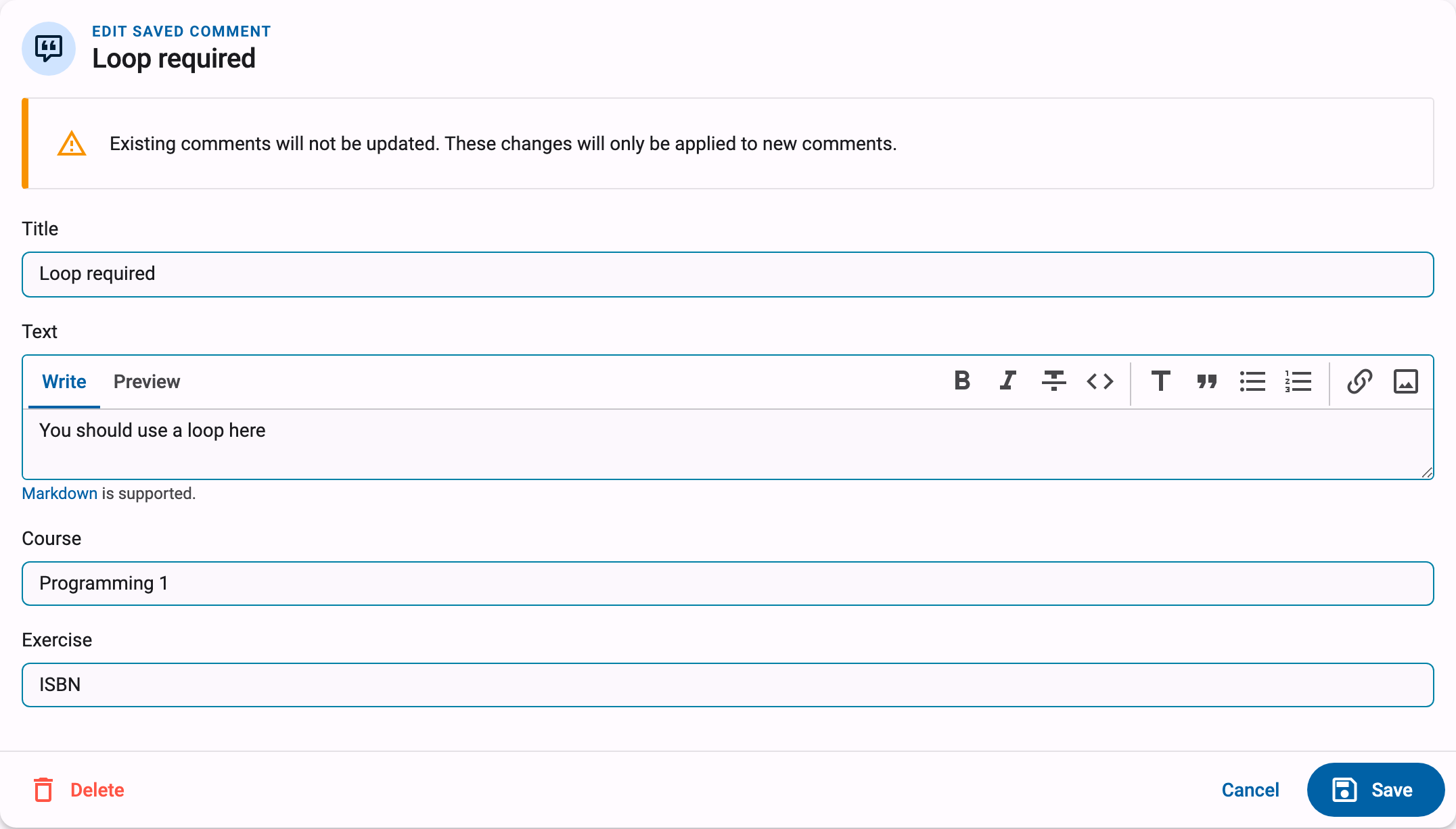Editing the course and exercise limitations of a saved comment