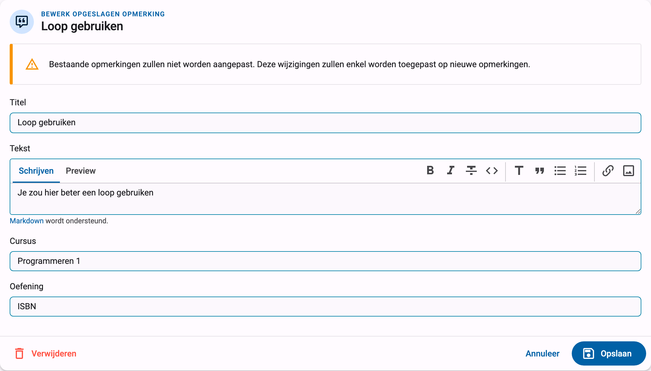 De cursus- en oefeningbeperkingen van een opgeslagen opmerking bewerken