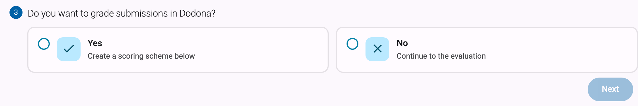 Evaluation wizard step asking whether to add a scoring scheme, with Yes and No options