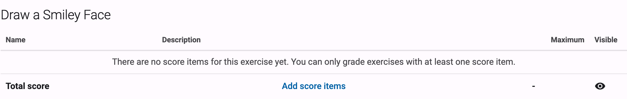 Exercise score block with the Add score items button in the totals row