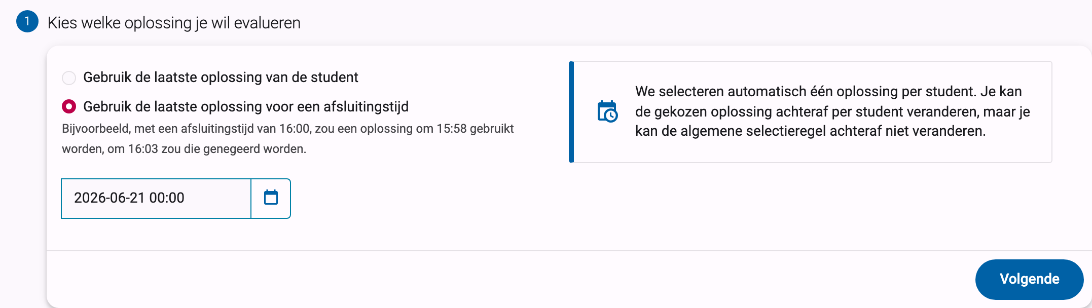 Deadlinestap van de evaluatiewizard, vooraf ingevuld met de deadline van de reeks