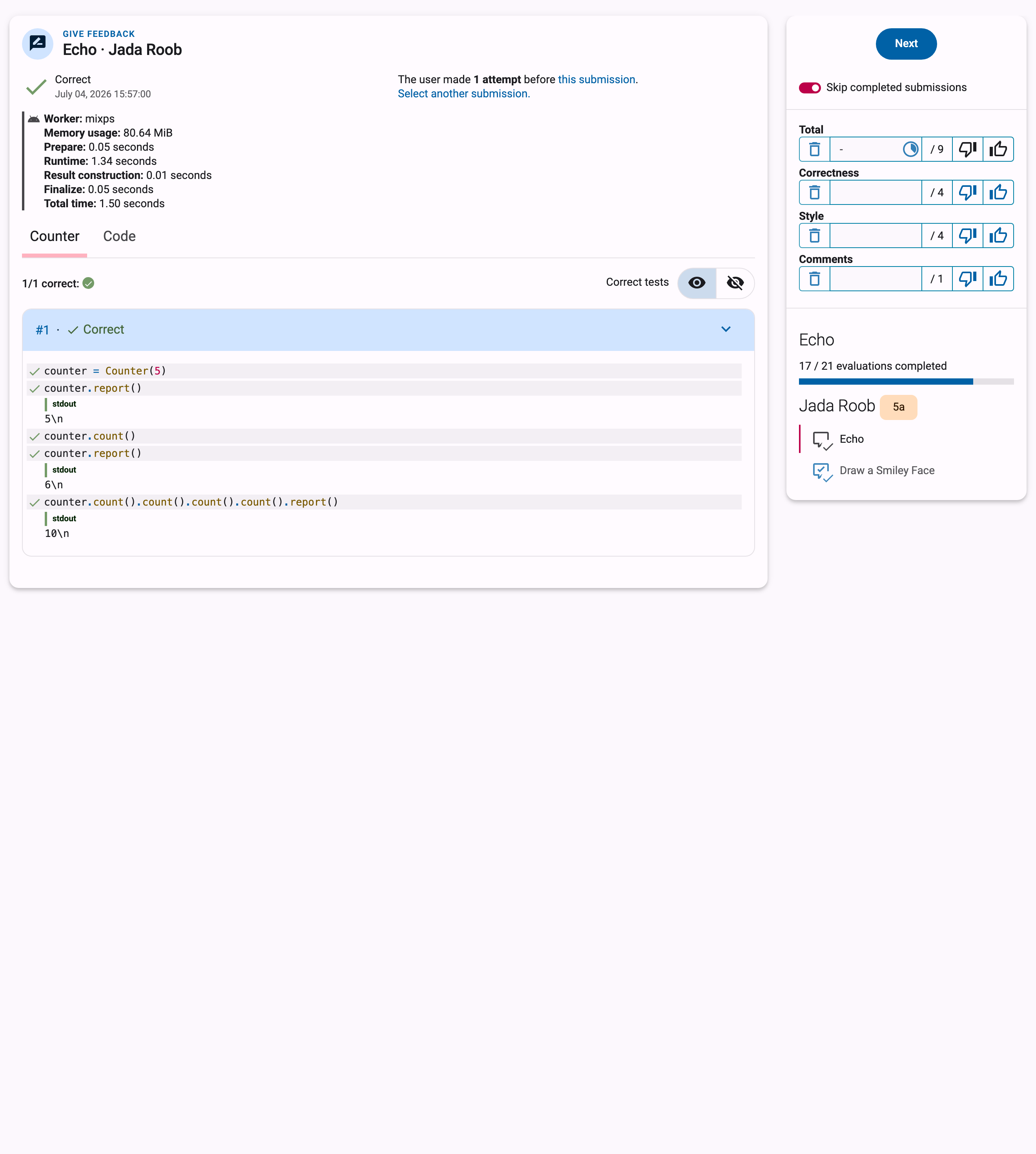 Grading page with the code and test results on the left, and the scoring scheme, Next button and student status icons on the right
