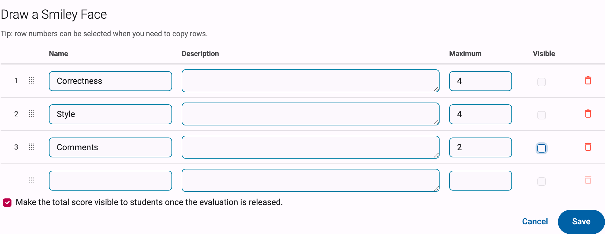 Score item table editor with filled-in name, maximum and visibility columns