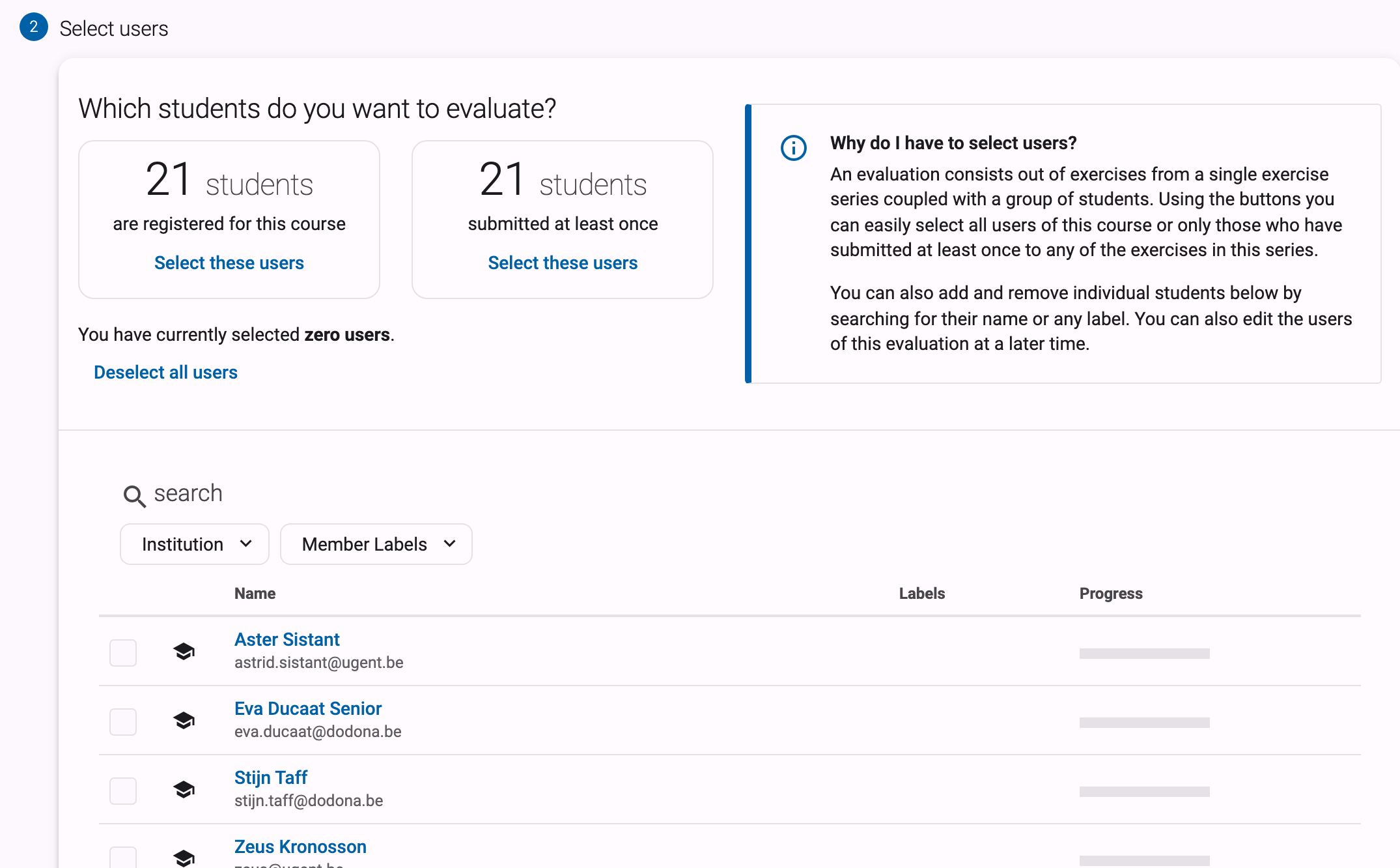 Evaluation wizard student-selection step with the default-configuration buttons, search box and user list